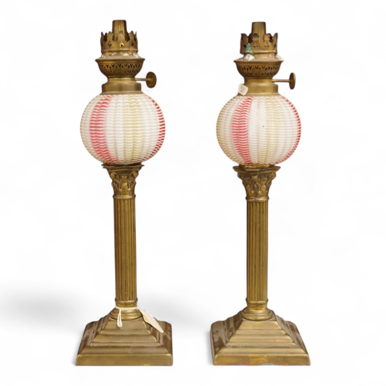 A pair of Victorian brass oil lamps with Webb style reservoirs, 33cm high